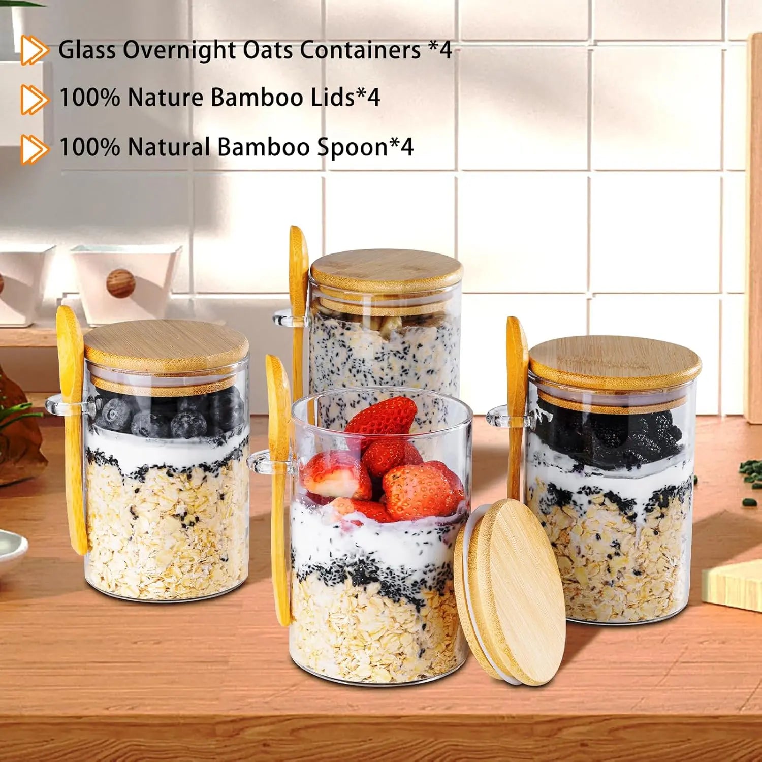 Luxiko Overnight Oats Containers Set – 4 Pack 16oz Glass Meal Prep Jars with Lids & Spoons | Leakproof Oatmeal Cups, Yogurt & Pudding Storage Containers for Healthy Breakfast