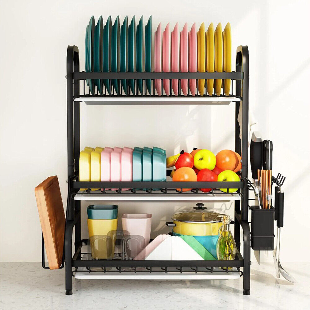 Luxiko 3-Tier Dish Drying Rack – Large Capacity Kitchen Counter Organizer | Stainless Steel Drainboard with Utensil Holder & Cup Stand (Rustproof Black)