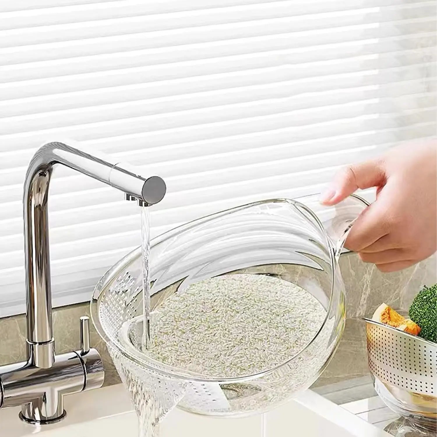 Luxiko Multifunctional Rice Strainer Bowl with Handle - BPA-Free Transparent Plastic Colander for Washing Rice, Draining Fruits, Vegetables & Kitchen Prep