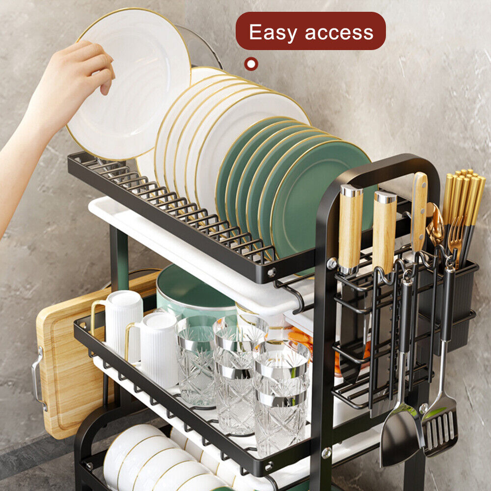 Luxiko 3-Tier Dish Drying Rack – Large Capacity Kitchen Counter Organizer | Stainless Steel Drainboard with Utensil Holder & Cup Stand (Rustproof Black)