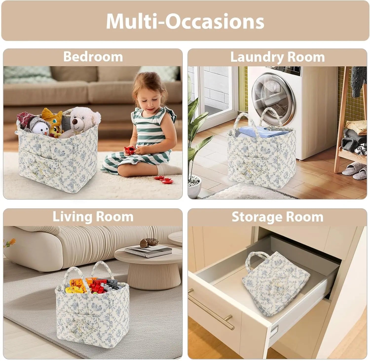 Luxiko Foldable Floral Storage Basket – Large Capacity Cotton Fabric Laundry Hamper, Collapsible Car Trunk Organizer for Clothes, Toys & Blankets