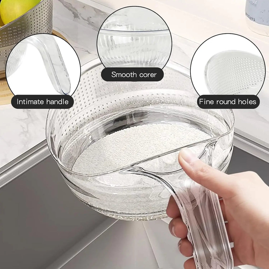 Luxiko Multifunctional Rice Strainer Bowl with Handle - BPA-Free Transparent Plastic Colander for Washing Rice, Draining Fruits, Vegetables & Kitchen Prep