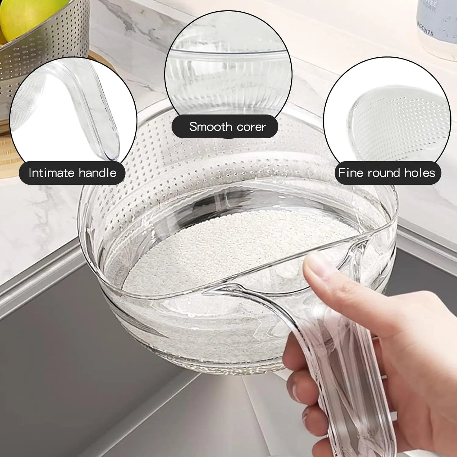 Luxiko Multifunctional Rice Strainer Bowl with Handle - BPA-Free Transparent Plastic Colander for Washing Rice, Draining Fruits, Vegetables & Kitchen Prep