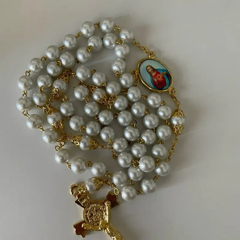 Luxiko Sacred Heart Rosary Necklace – Double-Sided Jesus & Mary Pendant with Pearl Beads, Gold Tone Cross Catholic Prayer Rosary