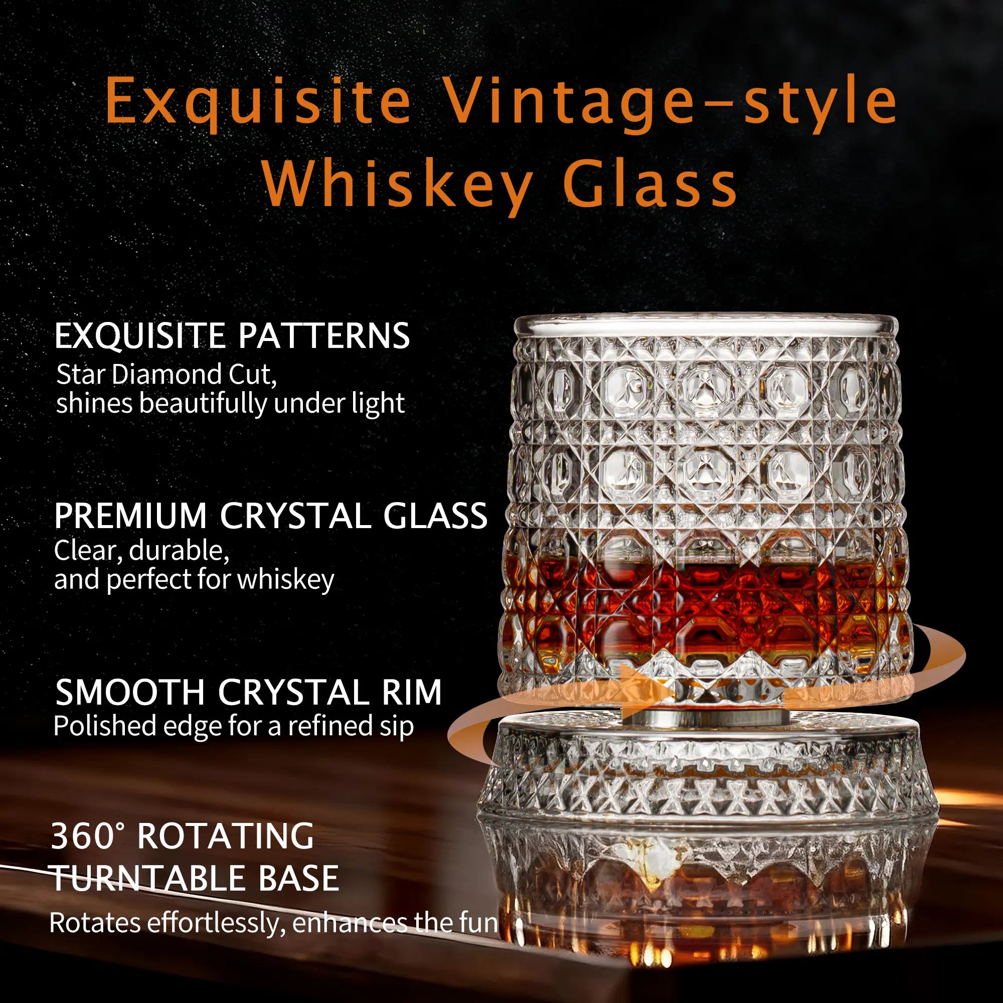 Luxiko Rotating Whisky Glass – 360° Spinning Crystal Whiskey Tumbler with Glass Base, Premium Scotch, Bourbon & Cocktail Drinking Glass