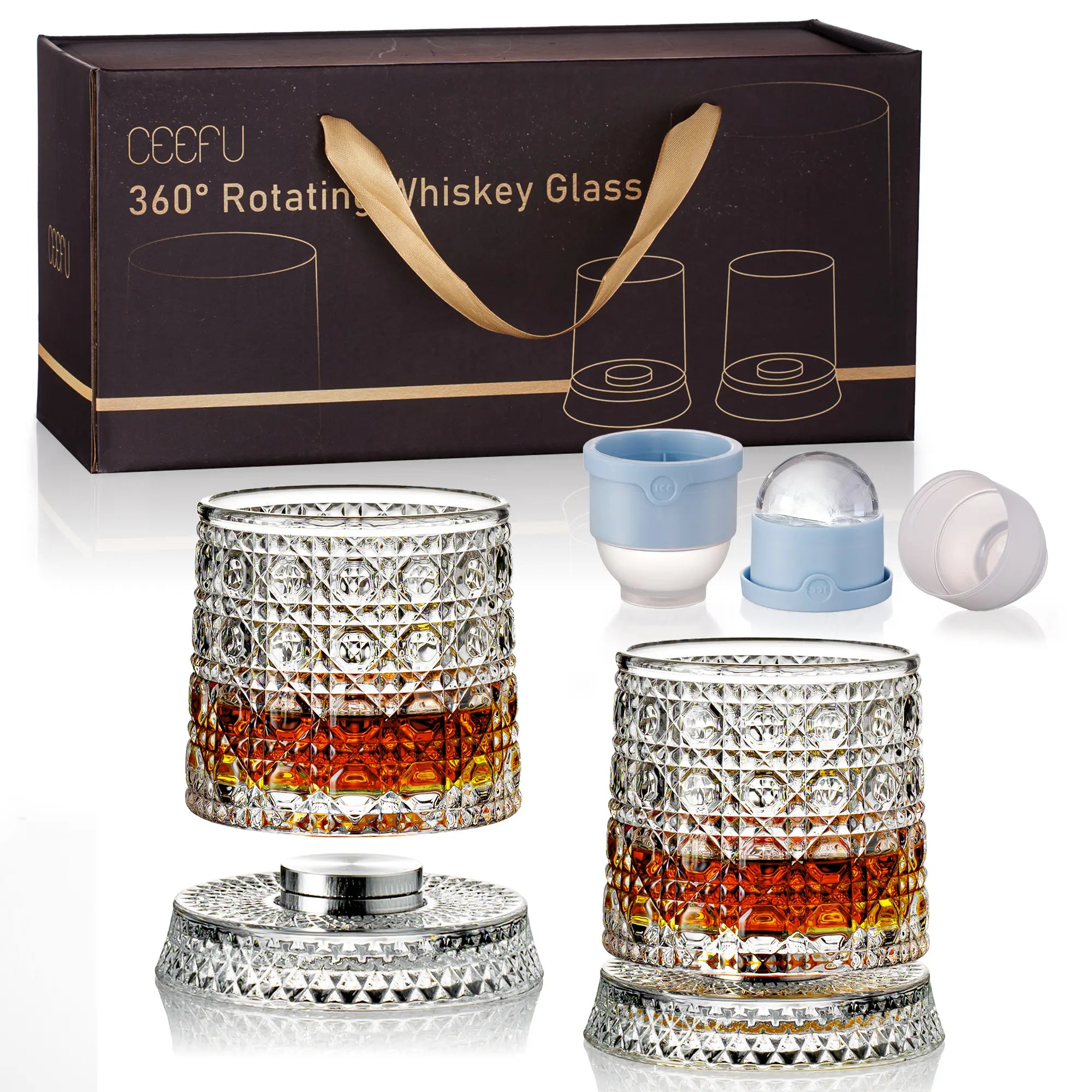 Luxiko Rotating Whisky Glass – 360° Spinning Crystal Whiskey Tumbler with Glass Base, Premium Scotch, Bourbon & Cocktail Drinking Glass