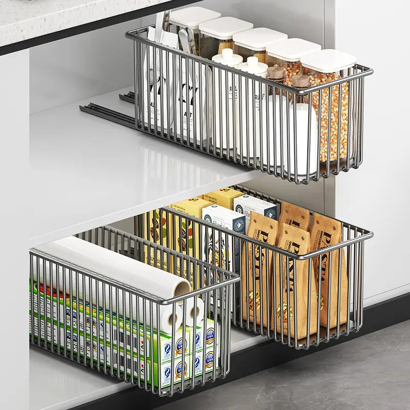 Luxiko Pull-Out Cabinet Organizer Basket – Under Sink Sliding Storage Rack | Space-Saving Kitchen Cabinet Organizer for Pantry & Bathroom