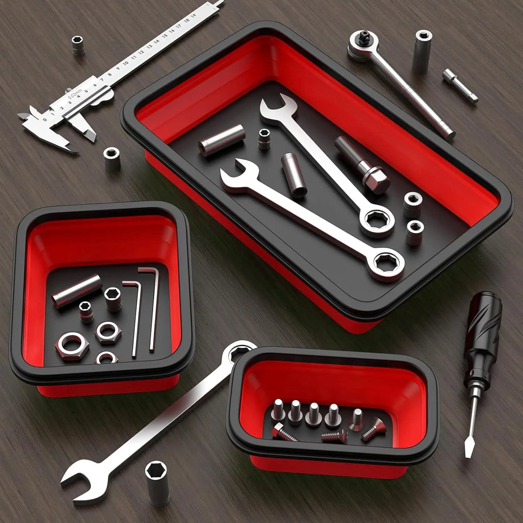 Luxiko Foldable Magnetic Tool Tray Set (3PCS) – Silicone Parts Organizer with Strong Magnetic Base, Portable Garage & Workshop Tool Holder (Red)
