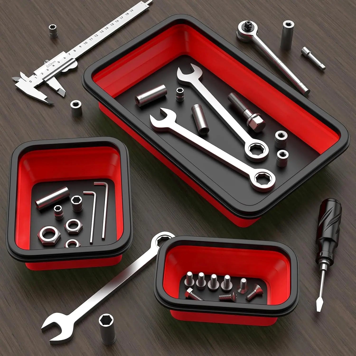 Luxiko Foldable Magnetic Tool Tray Set (3PCS) – Silicone Parts Organizer with Strong Magnetic Base, Portable Garage & Workshop Tool Holder (Red)