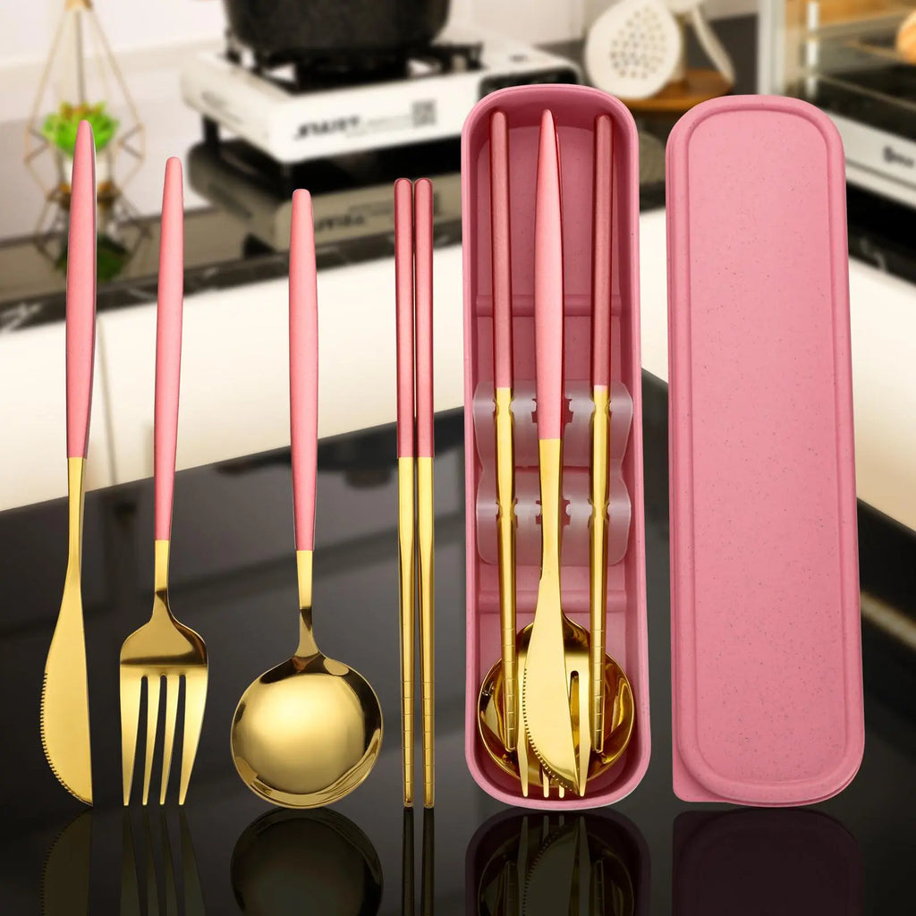 Luxiko 4-Piece Stainless Steel Cutlery Set with Travel Case – Reusable Gold Flatware Kit for Office, School, Camping & Outdoor Use