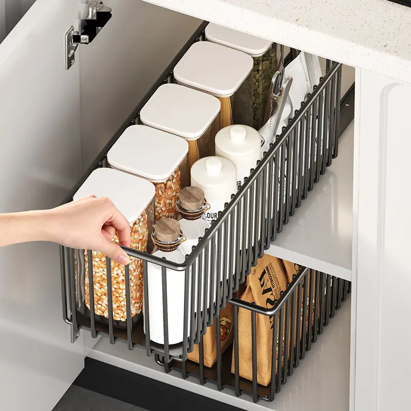 Luxiko Pull-Out Cabinet Organizer Basket – Under Sink Sliding Storage Rack | Space-Saving Kitchen Cabinet Organizer for Pantry & Bathroom