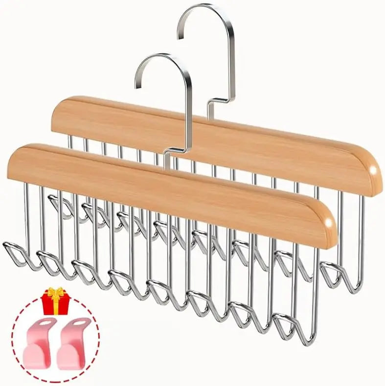 Luxiko 2-Pack Belt Hanger with 16 Hooks – Non-Slip Wooden Rotating Belt Organizer Rack | Space-Saving Closet Hanger for Belts, Ties, Hats & Accessories