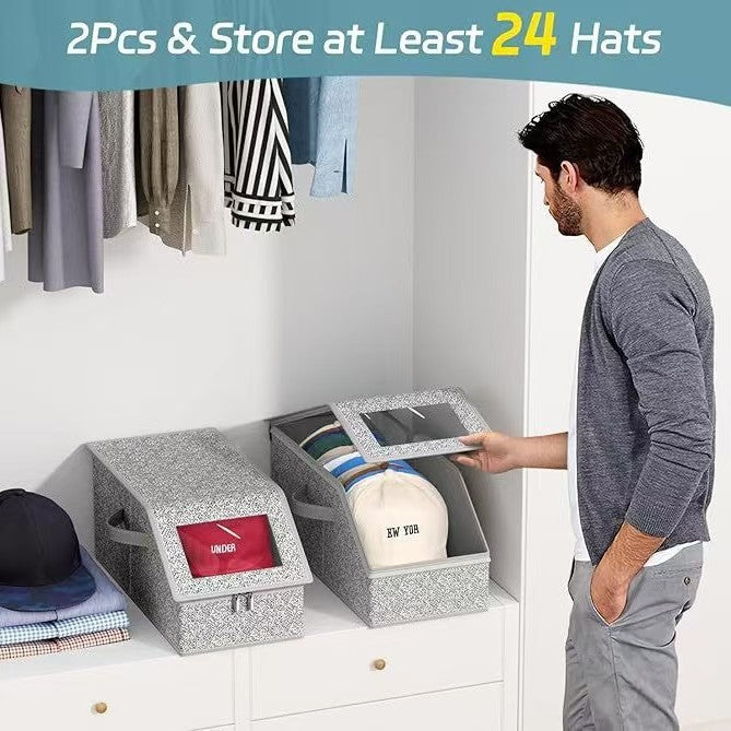 Luxiko Stackable Hat Storage Organizer – Foldable Cap Storage Box with Clear Window | Space-Saving Closet Organizer for Hats, Clothes & Toys