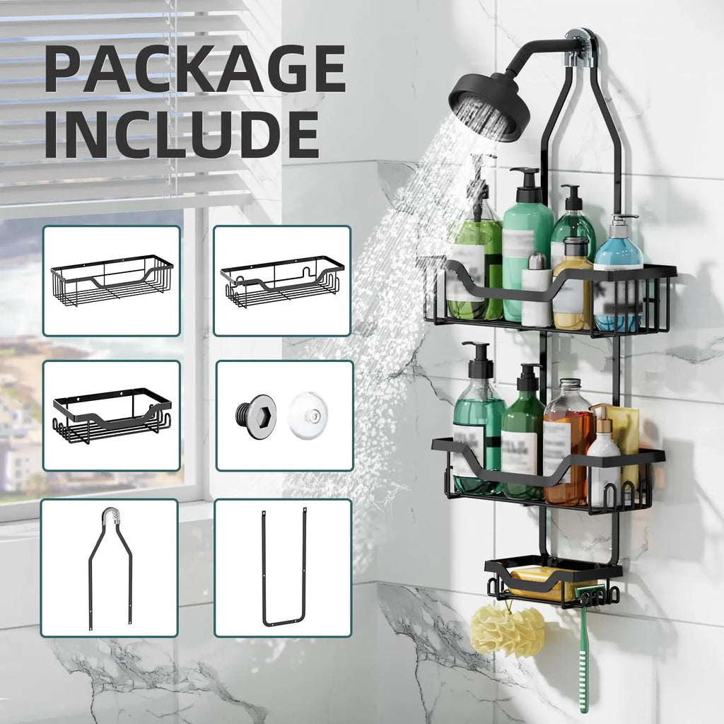 Luxiko 3-Tier Hanging Shower Caddy – Rustproof Over Showerhead Organizer with Soap Basket & Hooks, No-Drill Bathroom Storage Rack (Black)