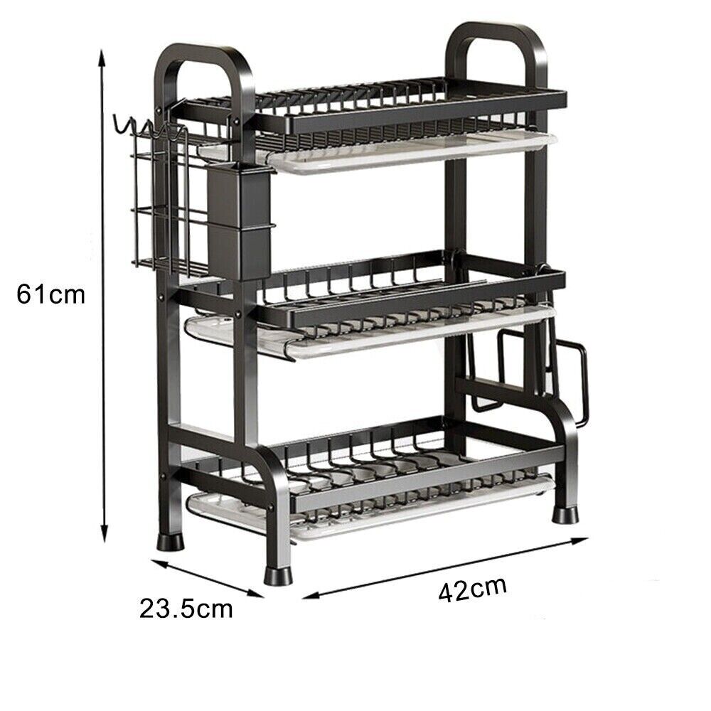 Luxiko 3-Tier Dish Drying Rack – Large Capacity Kitchen Counter Organizer | Stainless Steel Drainboard with Utensil Holder & Cup Stand (Rustproof Black)