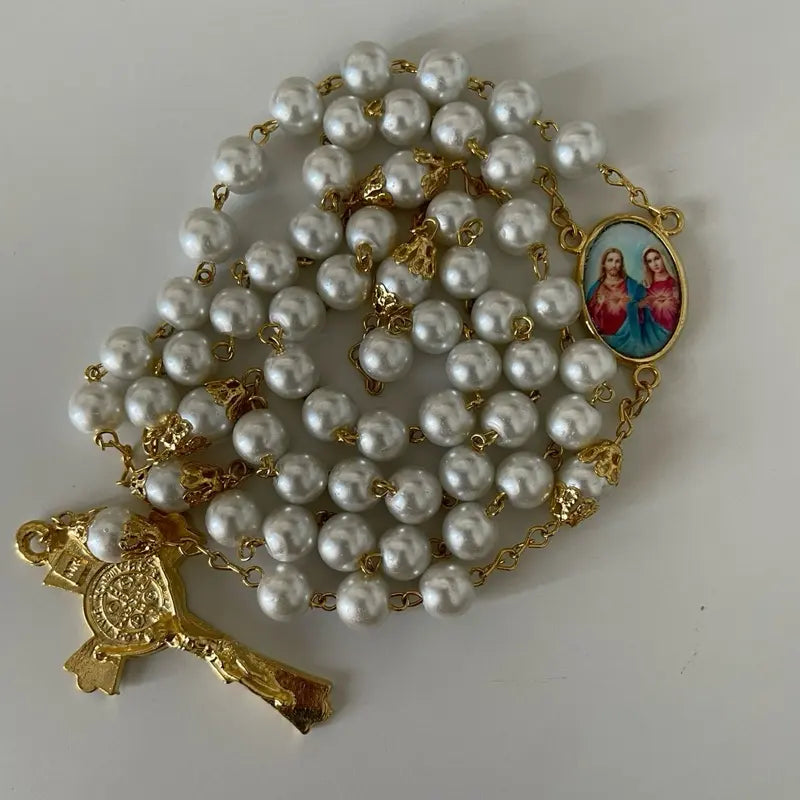 Luxiko Sacred Heart Rosary Necklace – Double-Sided Jesus & Mary Pendant with Pearl Beads, Gold Tone Cross Catholic Prayer Rosary