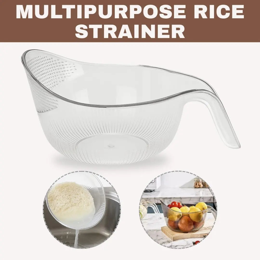 Luxiko Multifunctional Rice Strainer Bowl with Handle - BPA-Free Transparent Plastic Colander for Washing Rice, Draining Fruits, Vegetables & Kitchen Prep